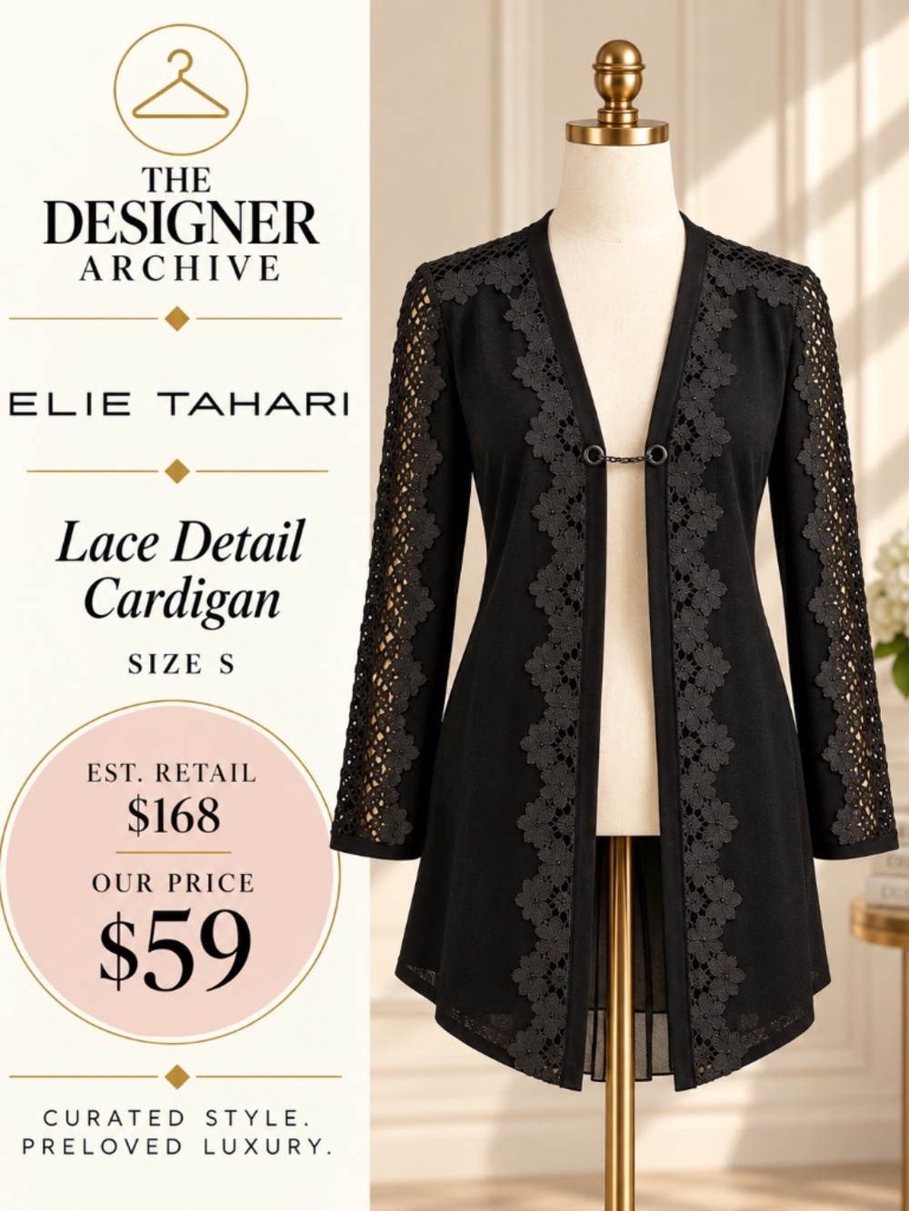 Elie Tahari Black Lace Detail Long Cardigan Sweater Size S